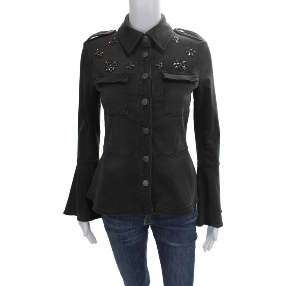 Scripted Womens Military Jacket Black Collared Button Fall Size XS